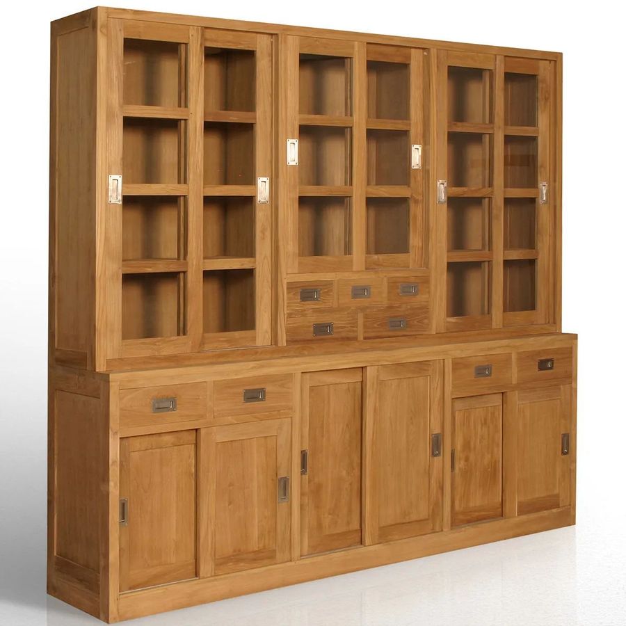 TEak wood bookcase 6 sliding doors hutch
