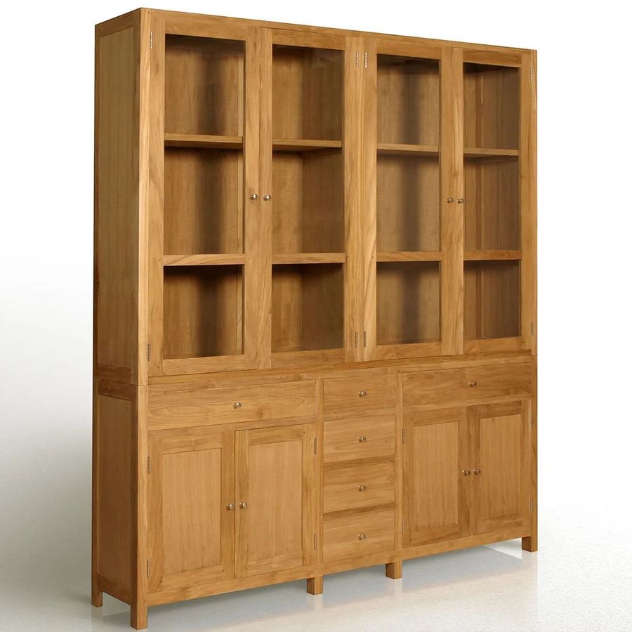Teak wood bookcase 4 glass doors hutch