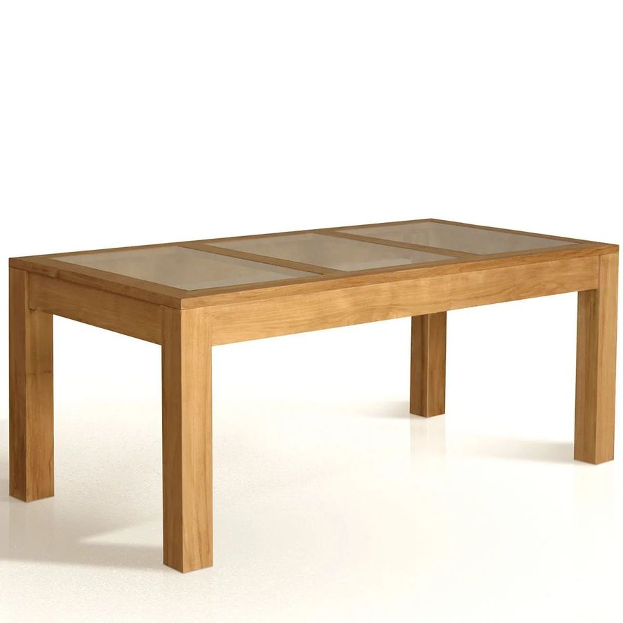 Teak wood dining table split glass top