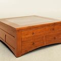 Trapezoid center table 4 drawers teak wood glass top
