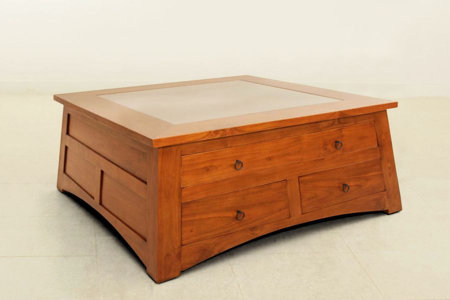 Trapezoid center table 4 drawers teak wood glass top