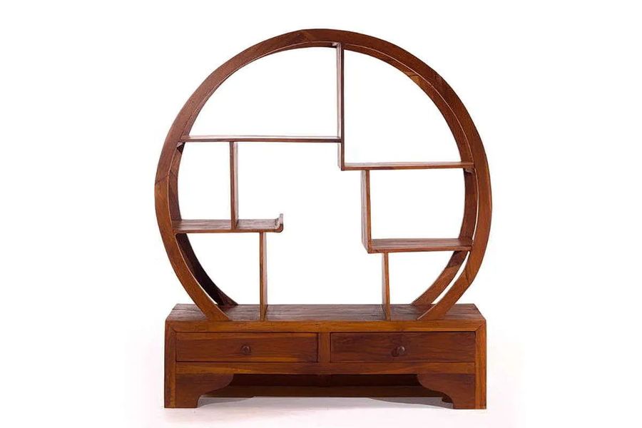 Round shelving 2 drawers base teak wood front detail