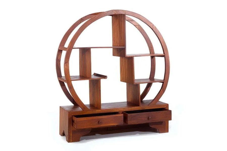 Round shelving 2 drawers base teak wood opened