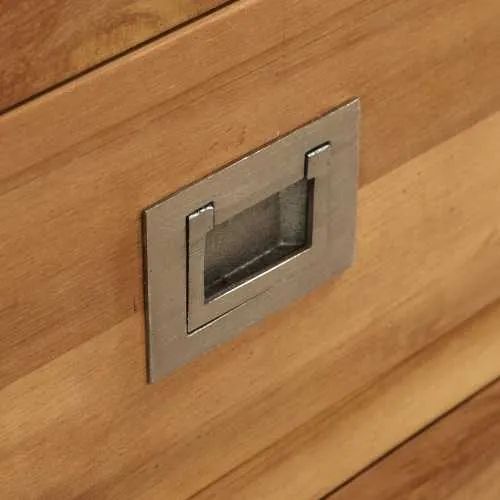 Stainless steel plate drawers pulls of the reclaimed teak cabinet and hutch