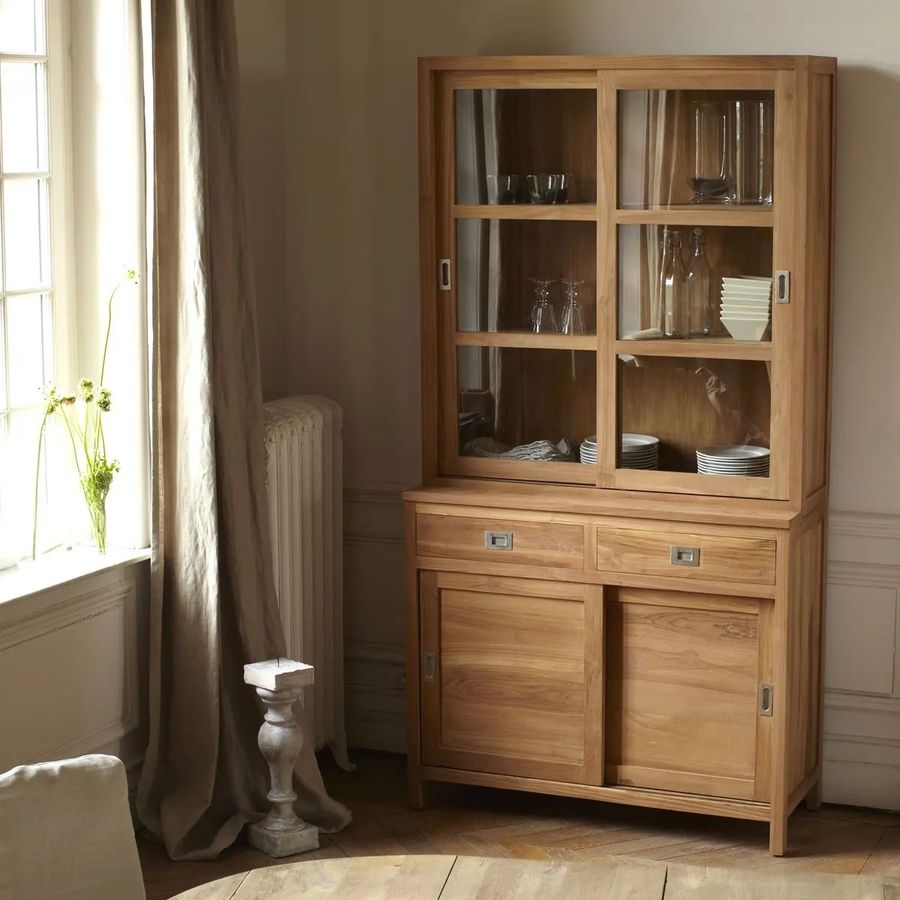 Reclaimed teak cabinet and hutch in a dining room