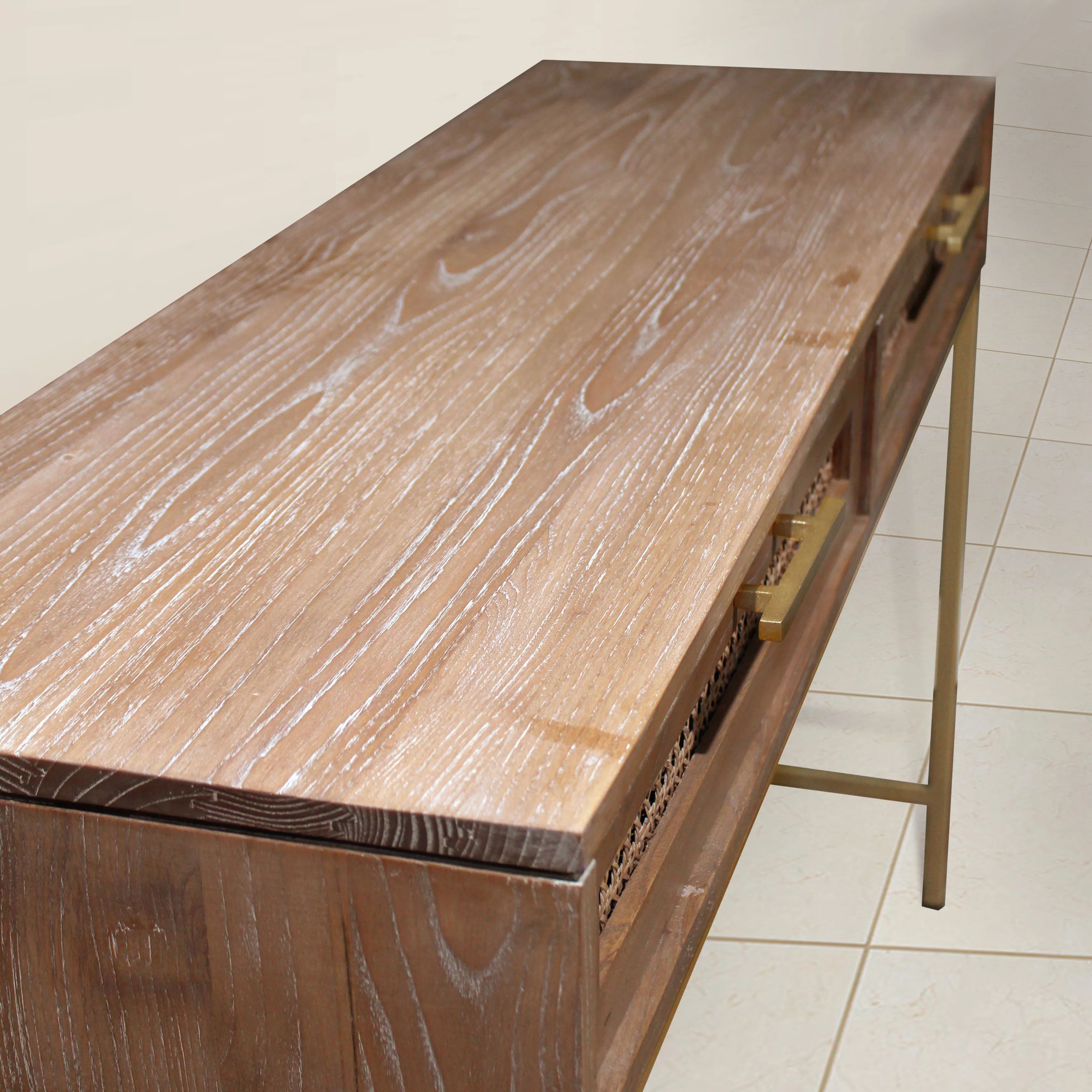 Wood grains detail on the top of vented console table