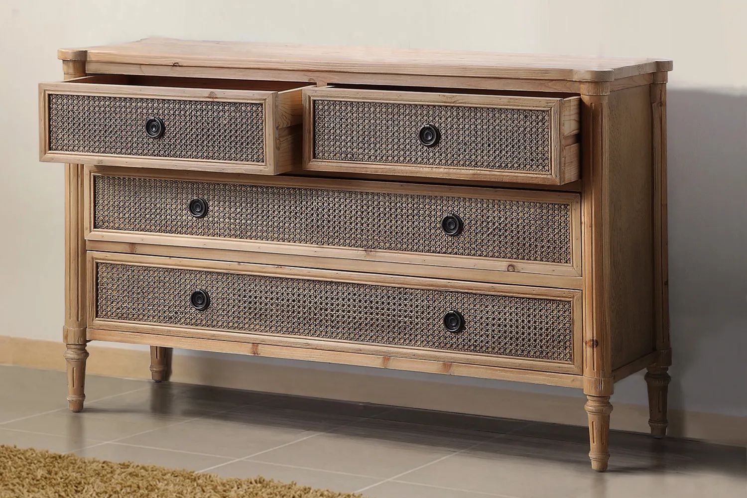 The drawers of Louis XVI Reclaimed wood dresser pulled out