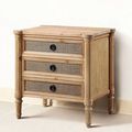 Louis XVI reclaimed wood and rattan bedside chest of 3 drawers in natural finishing color