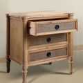 Drawer detail of the Louis XVI reclaimed wood and rattan bedside