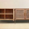 Vented buffet reclaimed wood and rattan doors opened