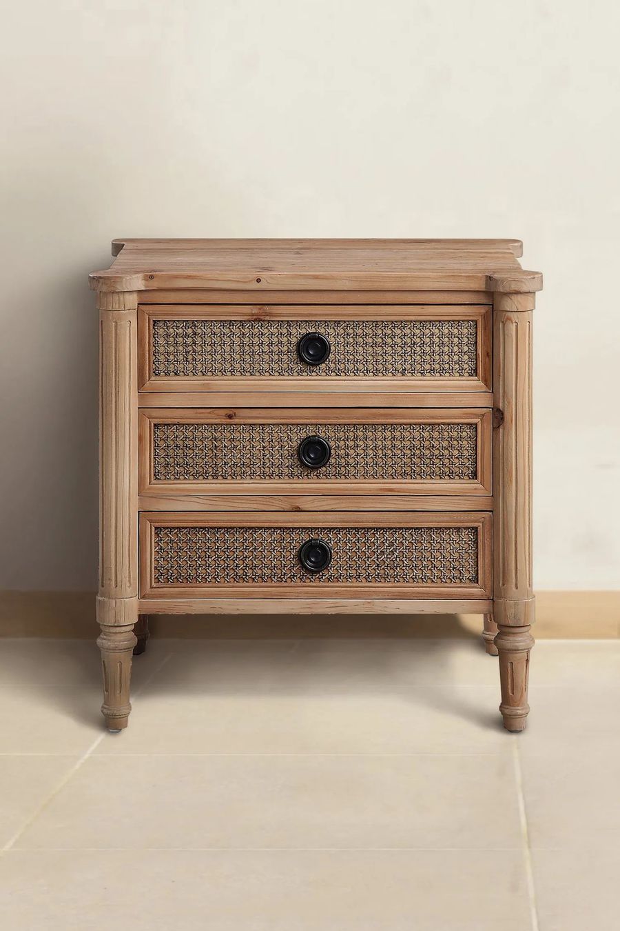 Rattan wicker detail on the drawers of the Louis XVI bedside chest of 3 drawers