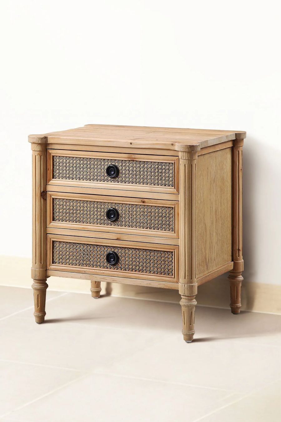 Louis XVI reclaimed wood and rattan bedside chest of 3 drawers in natural finishing color