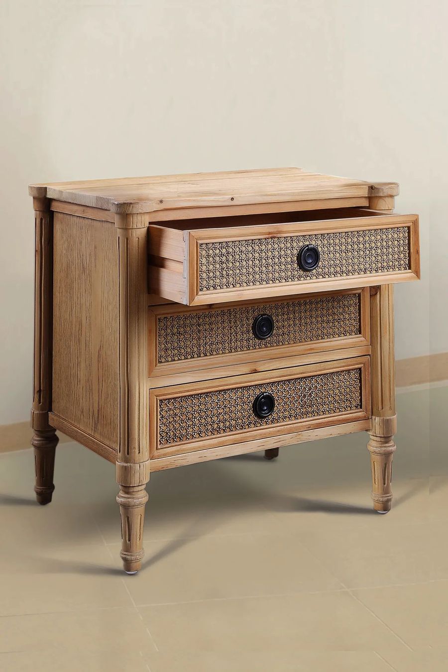 Drawer detail of the Louis XVI reclaimed wood and rattan bedside