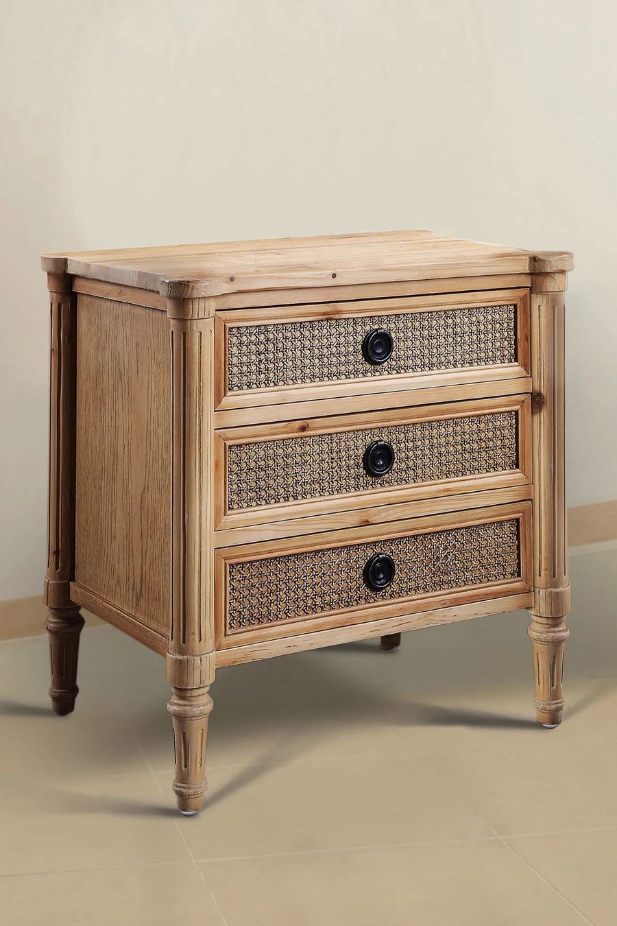 Louis XVI reclaimed wood and rattan bedside chest of 3 drawers