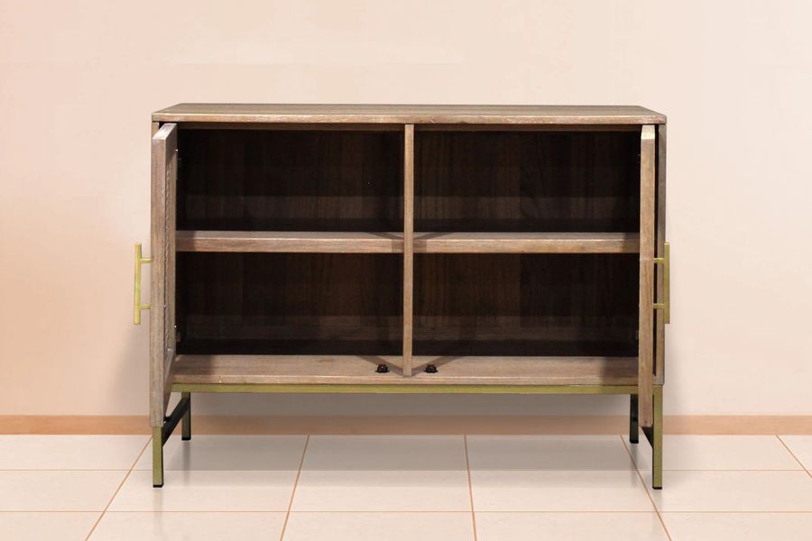 Wooden shelf inside Reclaimed wood vented buffet compartment