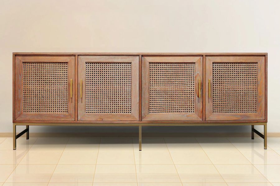 Front side of the Vented buffet reclaimed wood and rattan on aluminum legs