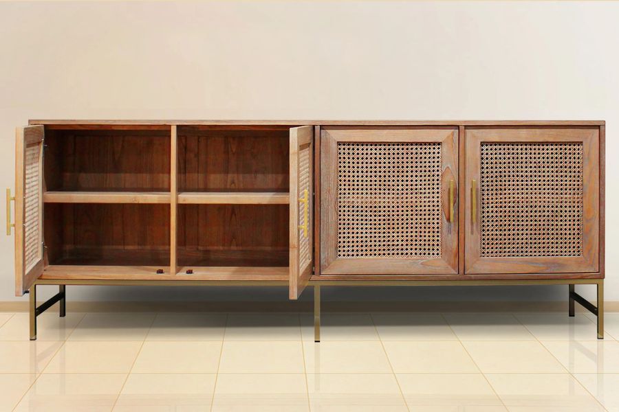 Vented buffet reclaimed wood and rattan doors opened