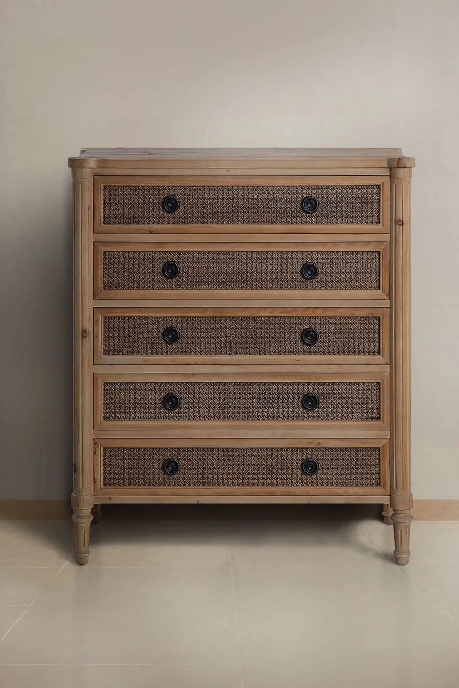 Front side detail of Louis XVI Reclaimed wood and rattan dresser