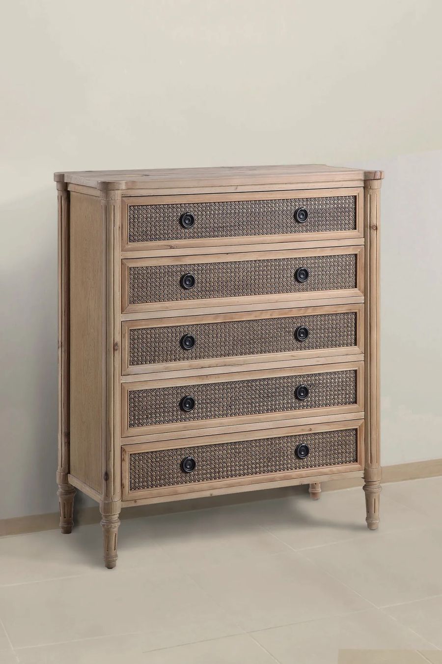Louis XVI Reclaimed wood and rattan dresser 5 drawers whitewashed finish