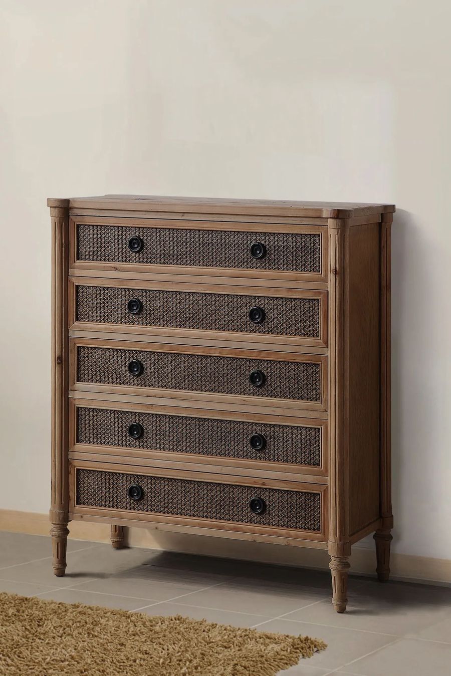 Louis XVI Reclaimed wood and rattan dresser 5 drawers