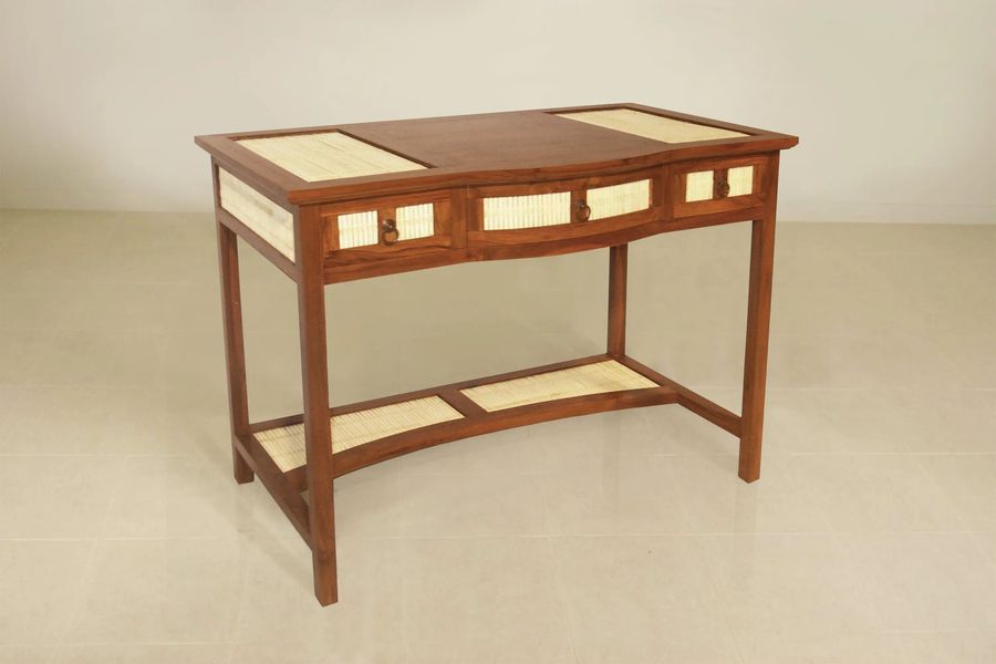 Teak bamboo desk 3 drawers under desktop