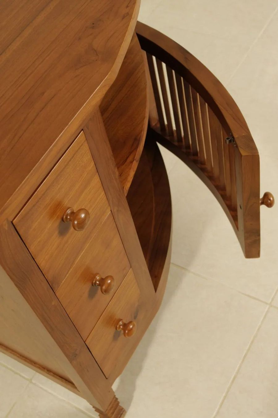 Trellis corner buffet left drawers opened door