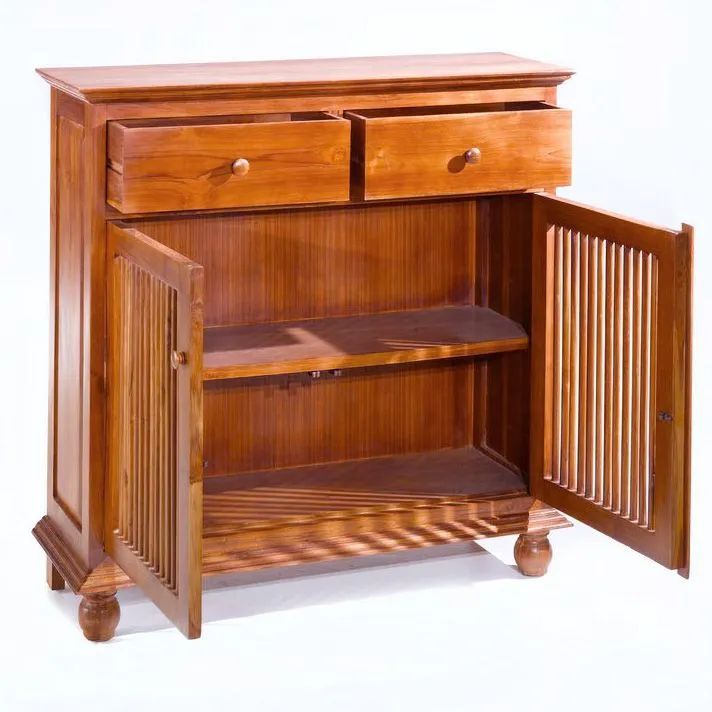 Trellis buffet 2 doors opened and 2 drawers pulled out