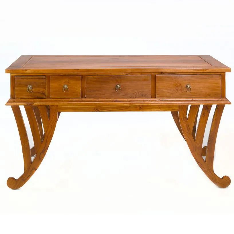 Curved legs Teak wood desk 4 drawers front detail