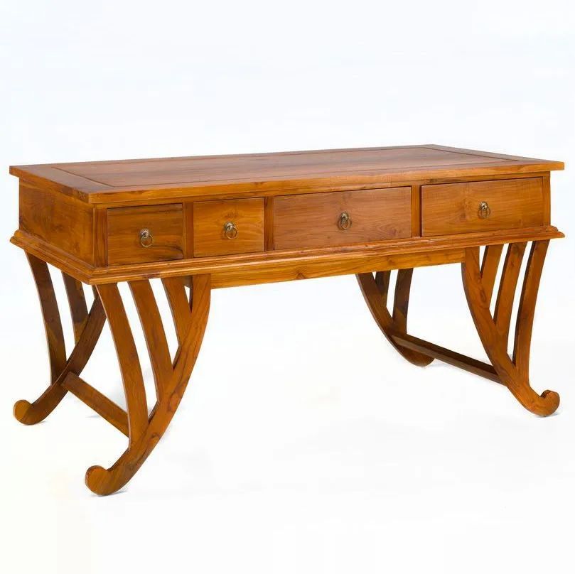 Curved legs Teak wood desk 4 drawers