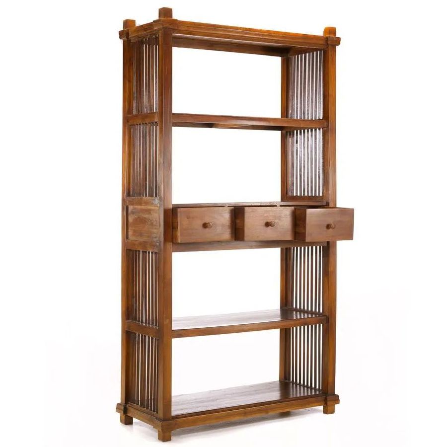 Trellis standing shelves 2 drawers pulled