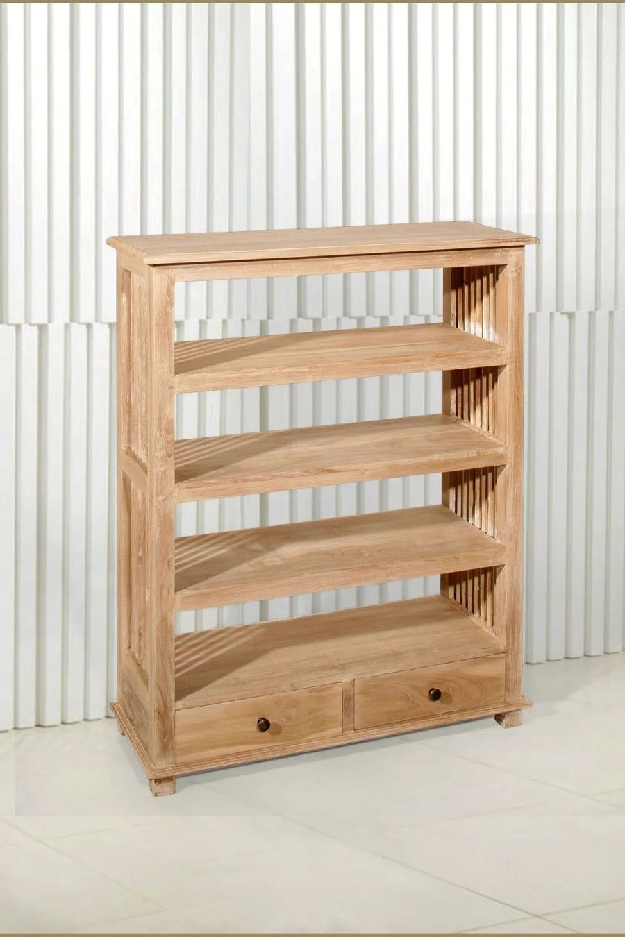 White washed trellis wood standing shelves