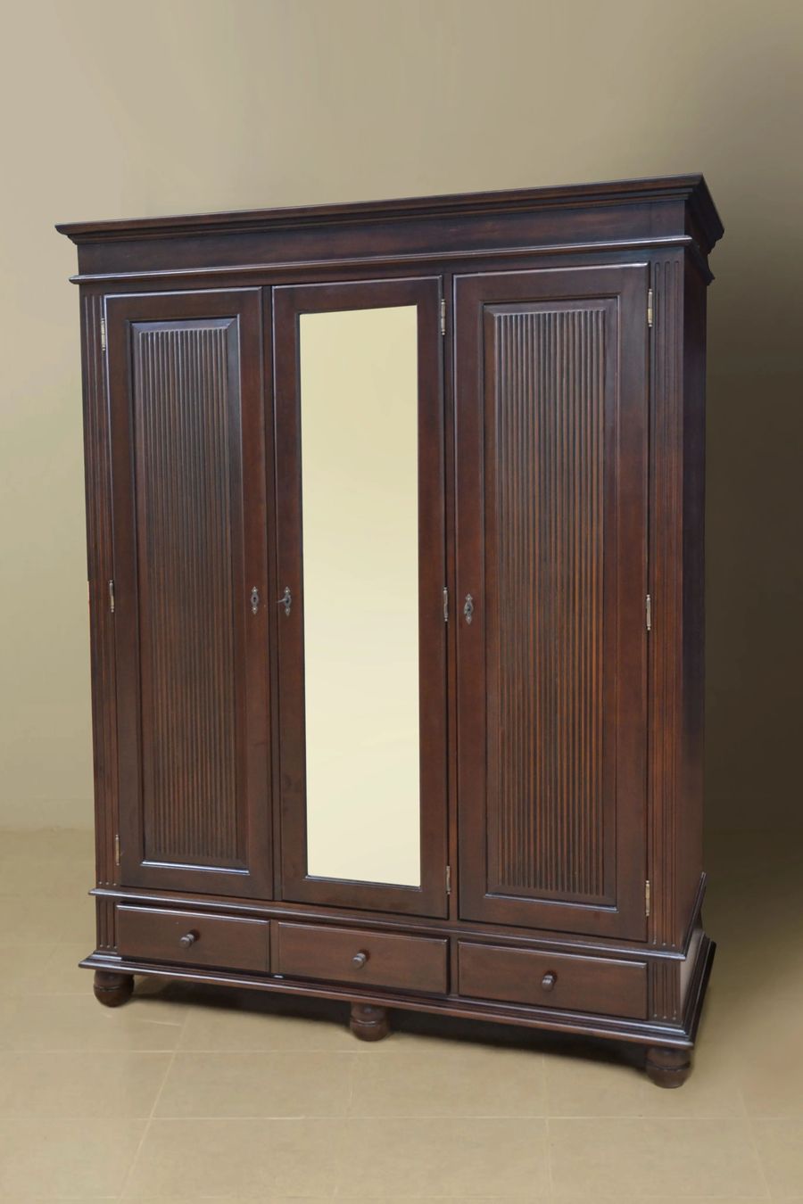 Teak armoire reed doors mirrors detail