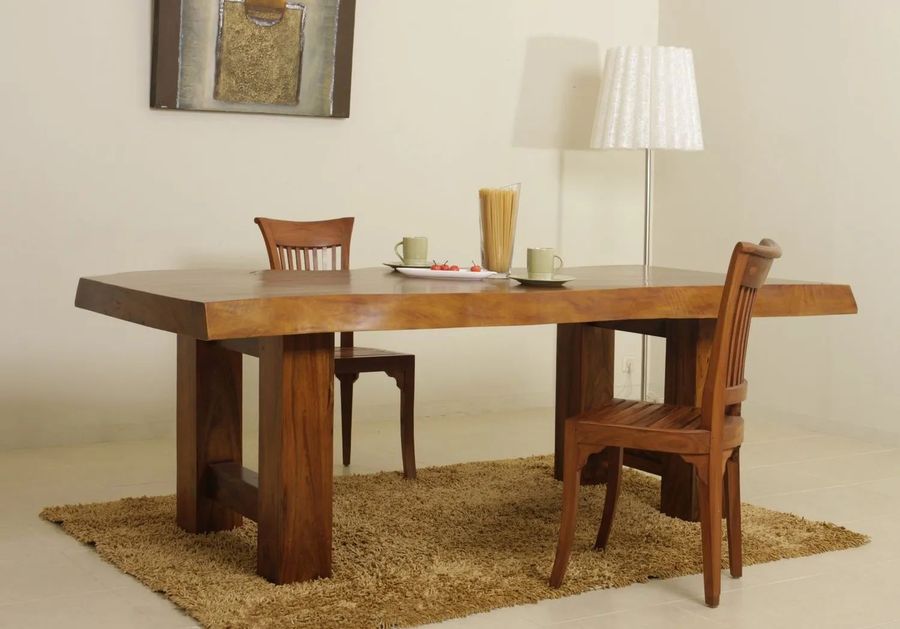 Single block top on extra large legs dining table with chair